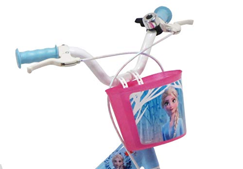 Disney - Bicicleta de 12 Pulgadas con 2 Frenos, Cesta Delantera y portamuñecas Trasera + 2 estabilizadores extraíbles para niña, Azul Cielo, Blanco y Fucsia.