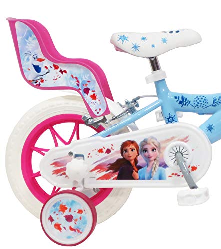 Disney - Bicicleta de 12 Pulgadas con 2 Frenos, Cesta Delantera y portamuñecas Trasera + 2 estabilizadores extraíbles para niña, Azul Cielo, Blanco y Fucsia.
