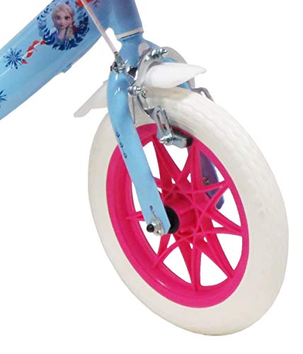 Disney - Bicicleta de 12 Pulgadas con 2 Frenos, Cesta Delantera y portamuñecas Trasera + 2 estabilizadores extraíbles para niña, Azul Cielo, Blanco y Fucsia.