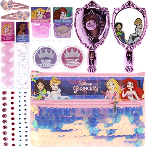 Disney Princess - Townley Girl Juego de maquillaje con 11 piezas, que incluye brillo de labios, esmalte de uñas, espejo, pegatinas de gemas y bolsa holográfica de lentejuelas, a partir de 3 años