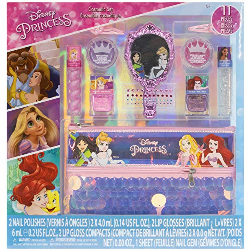 Disney Princess - Townley Girl Juego de maquillaje con 11 piezas, que incluye brillo de labios, esmalte de uñas, espejo, pegatinas de gemas y bolsa holográfica de lentejuelas, a partir de 3 años