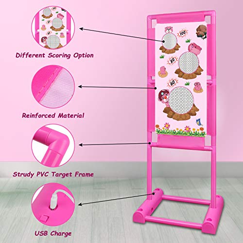 DX DA XIN Juego de tiro al blanco en movimiento Juguete eléctrico de puntuación 2 pistolas de aire 18 bolas de espuma Juguetes de jardín al aire libre Regalo para niños y niñas (rosa brillante)
