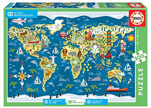 Educa - Mapamundi-Sean Sims Aldeas SOS Puzzle Infantil de 200 Piezas, a Partir de 6 años (17727)