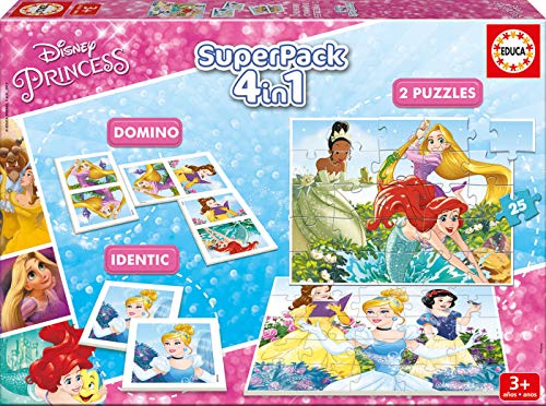 Educa - Superpack Princesas Disney Princess Pack de Domino, Identic y 2 Puzzles, Juego de Mesa, Multicolor (17198)