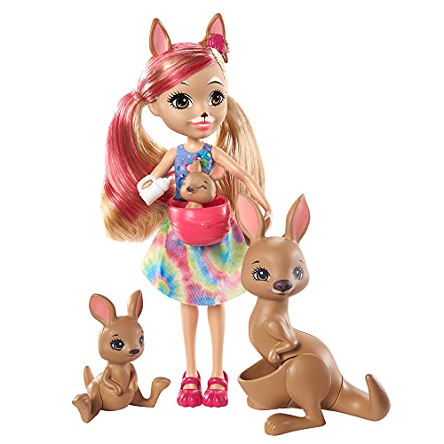 Enchantimals Sunny Savanna Muñeca Kamilla Kangaroo con familia de canguros mascota de juguete (Mattel GTM31)