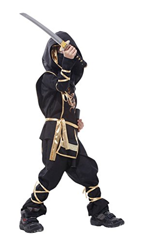 EOZY Disfraz de Ninja para Niño 4-12 años,Halloween Disfraes de Ninja Artes Marciales Infantiles Negro y Dorado para Halloween Carnaval,Cosplay