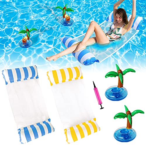 Faffooz Agua Silla Inflable de Flotación Hamaca, 4 en 1 Hamaca Piscina Hamaca de Agua Flotante Plegable de la Piscina Agua Colchonetas Hinchables Asiento de Piscina Agua Sofá con 2 Portavasos (Rayas)