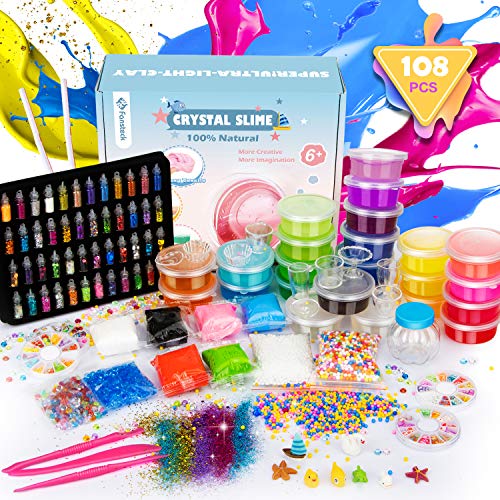 Fansteck 108PCS Slime para Niñas, Manualidades Niños, 24 Colores Purpurinas Fluffy Borax, Kit Manualidades, Slime Kit, Purpurina Manualidades Regalo para Niños 6+ Años Juguete Creativo Material Seguro