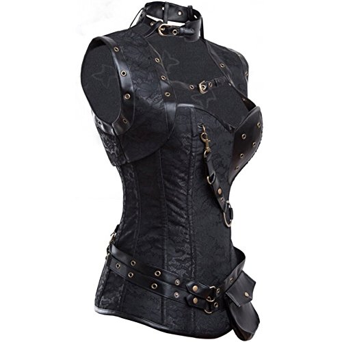 FeelinGirl Corsé Gótico Medieval - Corset con Chaquetita para Mujer Estilo de Soldado Vintage Brocado Bustier con Tanga Ngero XL/Talla 38-40