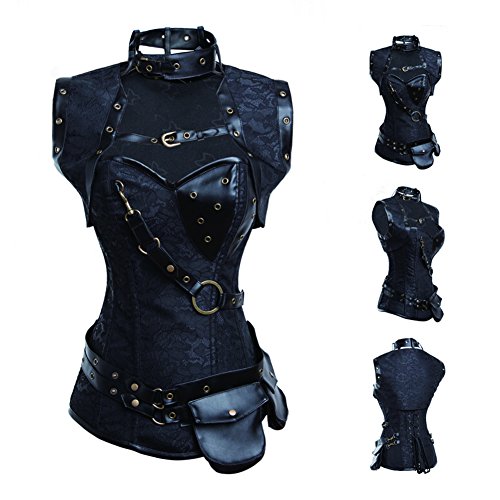 FeelinGirl Corsé Gótico Medieval - Corset con Chaquetita para Mujer Estilo de Soldado Vintage Brocado Bustier con Tanga Ngero XL/Talla 38-40