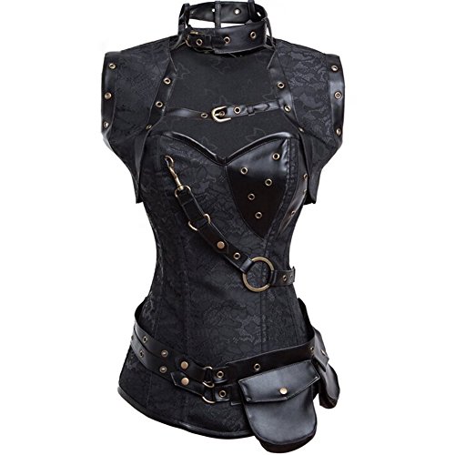 FeelinGirl Corsé Gótico Medieval - Corset con Chaquetita para Mujer Estilo de Soldado Vintage Brocado Bustier con Tanga Ngero XL/Talla 38-40