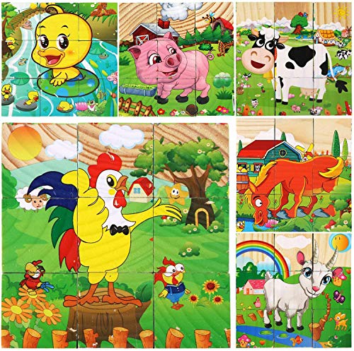 Felly Puzzles de Madera Montessori, Rompecabezas Juegos Niños 2 3 4 Años, 6 en 1 Bloque de Animales de Madera Juguetes Educativo para Bebe Niñas, Regalo de Cumpleaños, Navidad (9 Piezas)