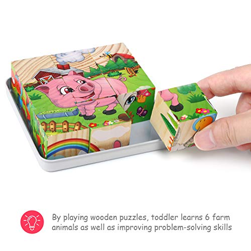 Felly Puzzles de Madera Montessori, Rompecabezas Juegos Niños 2 3 4 Años, 6 en 1 Bloque de Animales de Madera Juguetes Educativo para Bebe Niñas, Regalo de Cumpleaños, Navidad (9 Piezas)