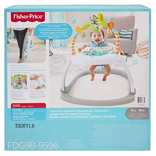 Fisher-Price Jumperoo Compact Carnaval para bebé con luces, sonidos y música, plegable para facilitar el transporte, 9 meses y más, FDG98