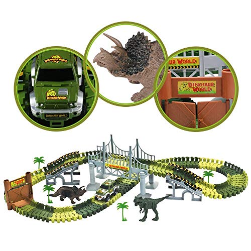 Flybiz Pista Coches Juguetes 142pcs Flexible Circuito Carrera Coches Incluyen 8 Dinosaurios 1 Vehículo Militar 4 Árboles 2 Pendientes 1 Bola 1 Puerta Doble y 1 Puente Colgante Infantil 3 4 5 AñOs