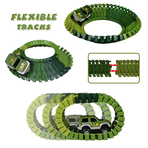 Flybiz Pista Coches Juguetes 142pcs Flexible Circuito Carrera Coches Incluyen 8 Dinosaurios 1 Vehículo Militar 4 Árboles 2 Pendientes 1 Bola 1 Puerta Doble y 1 Puente Colgante Infantil 3 4 5 AñOs