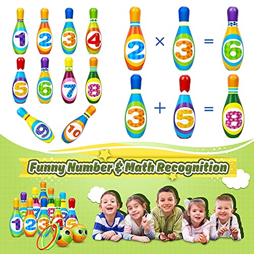 Flyfun Juego de Bolos Infantil con 10 Alfileres 2 Bolas y 3 Anillas, Bolos Infantiles Juguete, Juegos Exteriores para Niños, Juego Educativo Desarrollo Intelectual