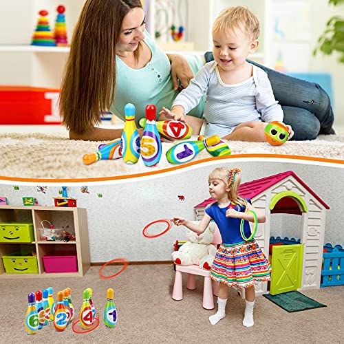 Flyfun Juego de Bolos Infantil con 10 Alfileres 2 Bolas y 3 Anillas, Bolos Infantiles Juguete, Juegos Exteriores para Niños, Juego Educativo Desarrollo Intelectual