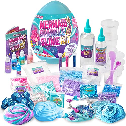 GirlZone Regalos para Niñas Kit de Slime para Niñas y Niños en un Huevo Sorpresa de Sirena Fábrica de Slime Fluffy con Pegamento / Cola y Activador 39 Piezas DIY Glow in The Dark Slime con Glitter