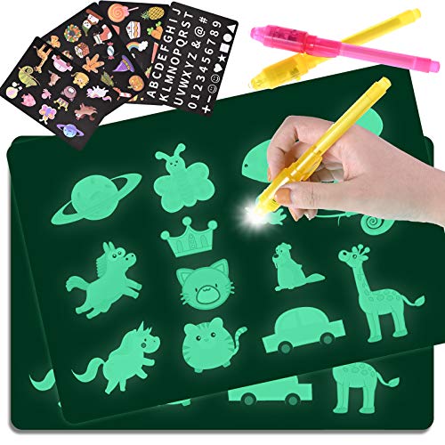 GOLDGE - 2 baldas luminosas infantiles de 20,5 x 29 cm, con 4 plantillas y 2 bolígrafos de tinta invisible, para juegos y regalos para niñas y niños