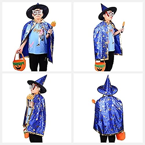 Halloween disfraz niño mago capa, Disfraz bruja bebe unisex(2 -13años)con sombrero de mago con bolsa caramelos, Infantil de Cosplay Fiesta espectáculo de escenario disfraces de halloween (azul mágico)