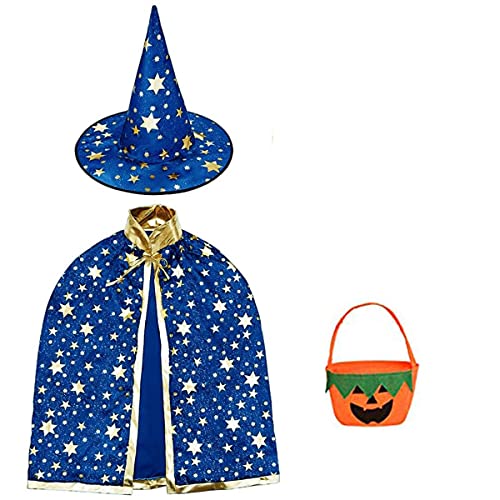 Halloween disfraz niño mago capa, Disfraz bruja bebe unisex(2 -13años)con sombrero de mago con bolsa caramelos, Infantil de Cosplay Fiesta espectáculo de escenario disfraces de halloween (azul mágico)