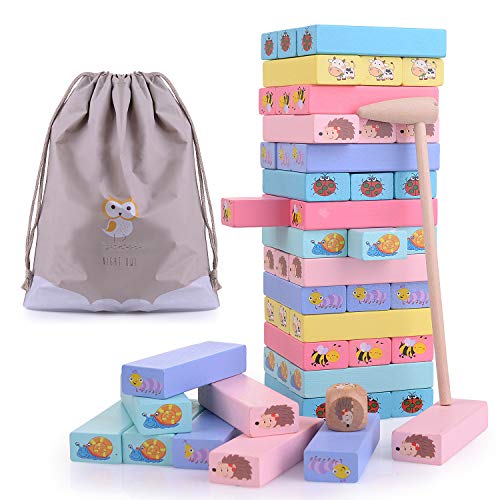Herefun 55Pcs Torre de Bloques de Madera de Juego de Torre Animales, 4 en 1 Juego de Mesa Infantil, Regalo para Compartir entre Padres e Hijos