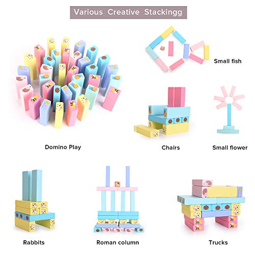 Herefun 55Pcs Torre de Bloques de Madera de Juego de Torre Animales, 4 en 1 Juego de Mesa Infantil, Regalo para Compartir entre Padres e Hijos