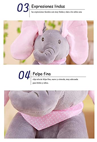 HHJ Peluche de Elefante con Movimiento y Sonido, Juguete Interactivo Peek-a-Boo Elefante, Juego de Ocultar y Buscar Muñeca de Peluche Animada de Felpa Muñecas para Bebé/Niños-Rosa