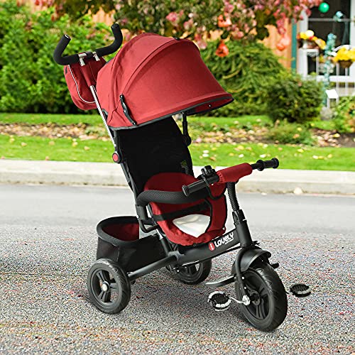 HOMCOM 3 EN 1 Triciclo para Niños +18 Meses Triciclo con Pedales con Capota Extraíble Plegable Barra Telescópica para Padres Triciclo de Empuje 96x53.5x101cm