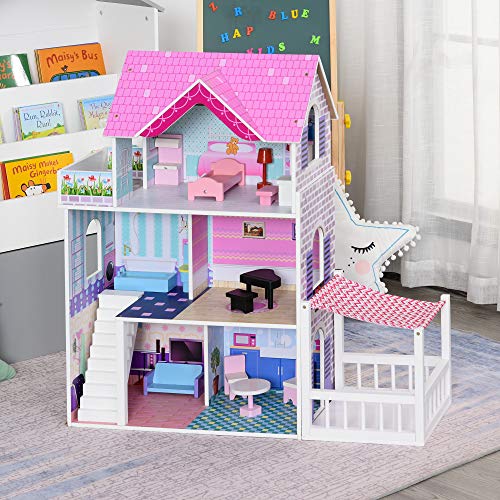 HOMCOM Casa de Muñecas de 3 Pisos con Patio Muebles Accesorios Completos Diseño Lindo Casita Muñecas de Juguete Madera 86x30x87 cm Rosa