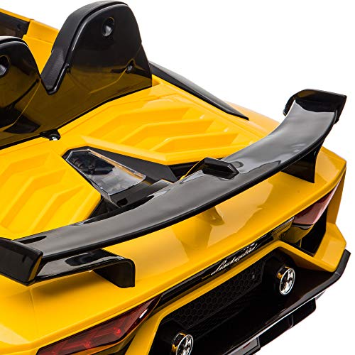 HOMCOM Coche Eléctrico para Niños de +3 Años Lamborghini SVJ Batería 12V con Mando a Distancia Velocidad de 3-5 km/h Música y Faros Carga 25 kg 123x66,5x45,5 cm Amarillo