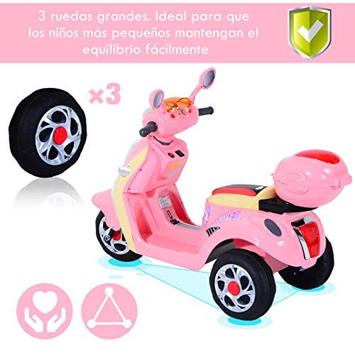 HOMCOM Coche Triciclo Moto Eléctrica Infantil Correpasillos a Batería Niños +3 años 6V Metal + PP 108x51x75cm Rosa