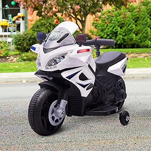 HOMCOM Moto Eléctrica Infantil de Policía Batería 6V Recargable para Niños de 18-36 Meses con Faros Bocina y Ruedas de Equilibrio Velocidad Máx. de 3 km/h 69x39x43 cm Multicolor