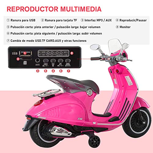 HOMCOM Moto Eléctrica Vespa Faros Música 2 Ruedas Auxiliares para Niños Mayores de 3 Años Motocicleta Infantil Autorizada 108x49x75 cm Rosa