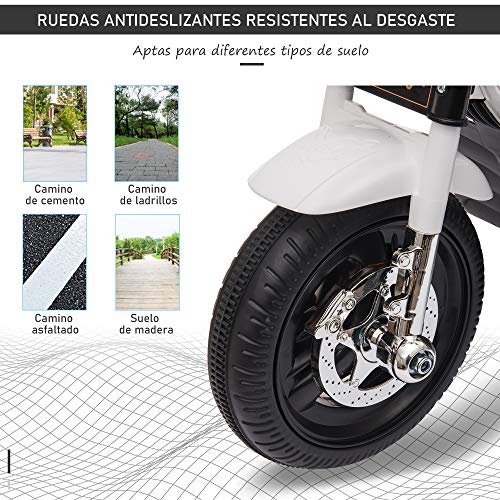 HOMCOM Moto Triciclo Eléctrico para Niños de +18 Meses Moto Eléctrica Infantil con 3 Ruedas Batería 6V con Botón de Música Bocina Luces y Maletero 87x46x54 cm Blanco