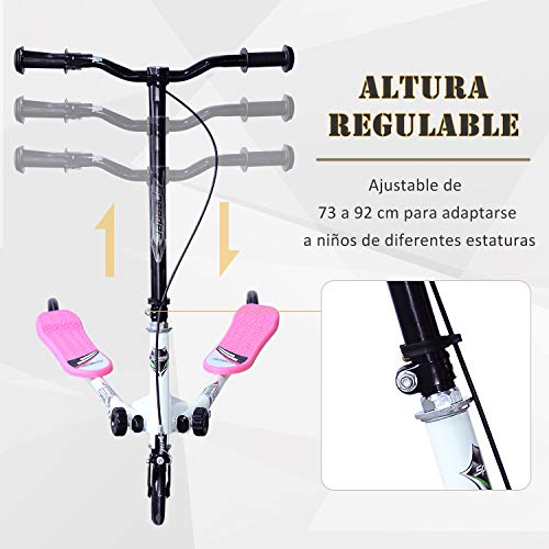 HOMCOM Patinete Scooter de 3 Ruedas Plegable Scooter de Oscilación Reductor para Niños +4 Años con Freno Manillar Ajustable Carga 50 kg 91x60x80cm Marco Acero Rosa