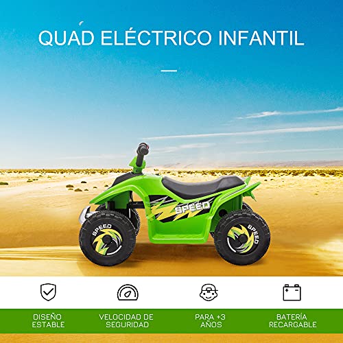HOMCOM Quad Eléctrico para Niños de +3 Años Vehículo Eléctrico Cuatrimoto a Batería 6V con Avance y Retroceso Carga Máx. 30 kg 72x40x45,5 cm Verde