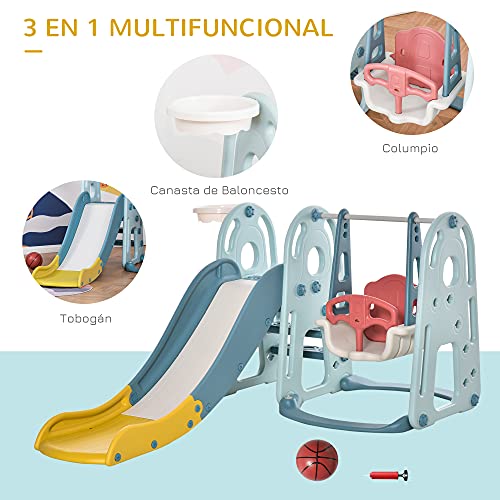 HOMCOM Tobogán Infantil con Columpio y Canasta Baloncesto 3 en 1 para Niños de +18 Meses con Asiento Ajustable Centro de Actividades para Interior y Exterior 145x190x97 cm Multicolor