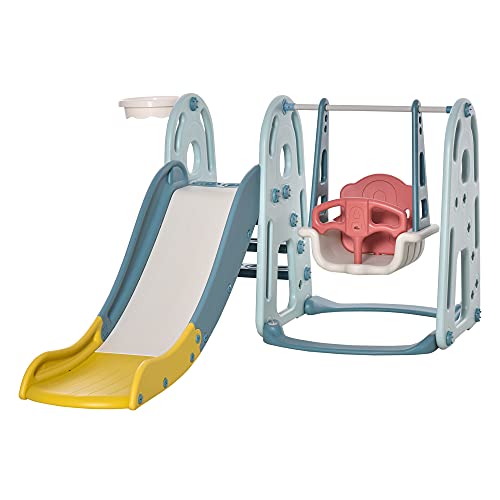 HOMCOM Tobogán Infantil con Columpio y Canasta Baloncesto 3 en 1 para Niños de +18 Meses con Asiento Ajustable Centro de Actividades para Interior y Exterior 145x190x97 cm Multicolor