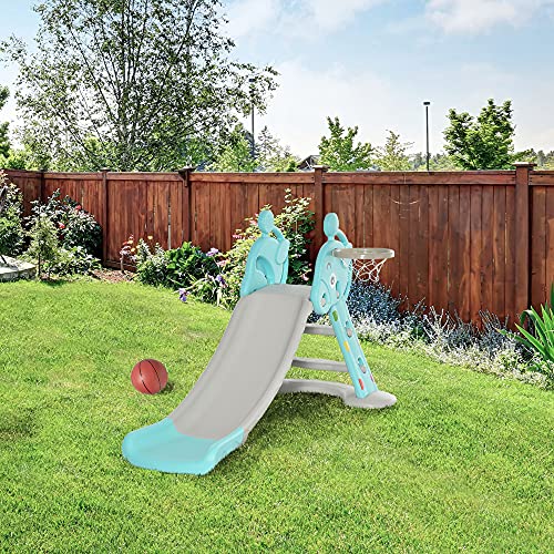 HOMCOM Tobogán para Niños +18 Meses Plegable con Canasta de Baloncesto Modelo Jirafa Juguete Infantil para Interiores y Exteriores 140x87x75 cm Azul y Gris