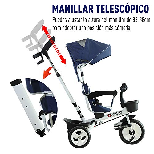 HOMCOM Triciclo Bebé 4 en 1 Trolley Trike Bicicletas para Niños +18 Mes Evolutivo Asiento Giratorio Capota Barra Desmontable Control Parental Juguete Aprendizaje