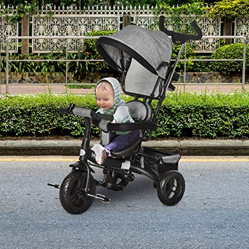 HOMCOM Triciclo para Bebé 4 en 1 Bicicleta para +18 Meses con Capota Manija de Empuje Ajustable Barra Extraíble Reposapiés Plegable Canasta de Almacenaje 92x51x110 cm Gris