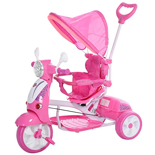 HOMCOM Triciclo para Niños de +18 Meses Triciclo Evolutivo Infantil con Capota Extraíble Asiento Giratorio Barra de Seguridad y Función de Luz Música 102x48x96 cm Rosa
