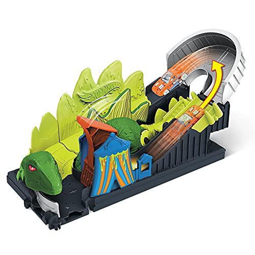 Hot Wheels City Ataque del dinosaurio, pista de coches de juguete, incluye 1 vehículo (Mattel GTT68)