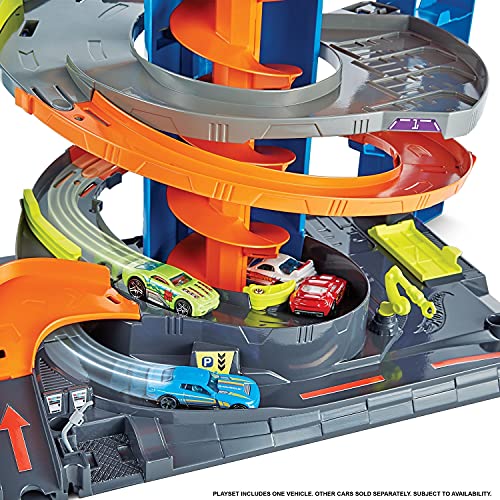 Hot Wheels Mega Garaje Pista de coches de juguete, almacena + de 60 vehículos, incluye 1 vehículo die-cast (Mattel GTT95)