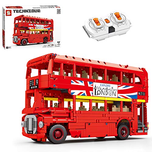 HYZH Juego de construcción de ingeniería de autobús de doble piso 1663 + bloques de montaje de autobús London Bus 2.4 G con control remoto con motor, compatible con Lego Technic