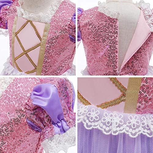 IBTOM CASTLE Disfraz infantil de princesa Rapunzel, largo, vestido de fiesta, cosplay, carnaval, dama de honor, vestido de fiesta de cumpleaños, Violeta (2 unidades)., 3-4 Años