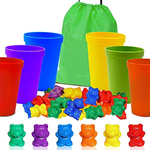Infantil Juguetes Montessori, Contar con Osos de Colores coordinados Ordenación de Las Copas, Juego Montessori Rainbow Matching, (67 Piezas Set) 60 Osos Colores 6 Copas y 1 Bolsa de Almacenamiento