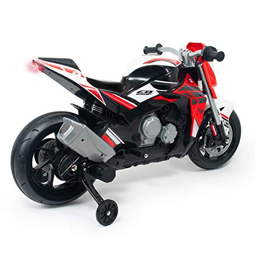 INJUSA - Moto Honda Naked 12V Roja con Puño Acelerador, Luces, Mp3 y Ruedas de Apoyo Recomendada a Niños +3 Años